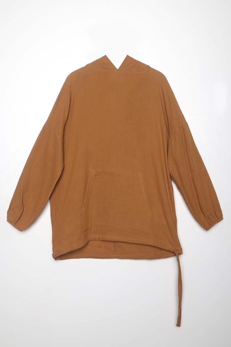 Taba-Kapüşonlu Kanguru Cepli Sweatshirt