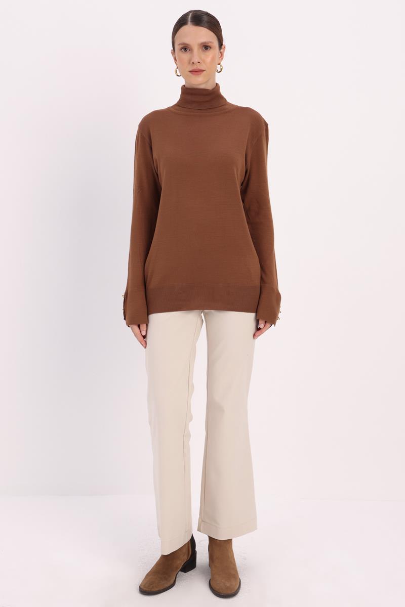 Tan-Buttoned Sleeve Sweater