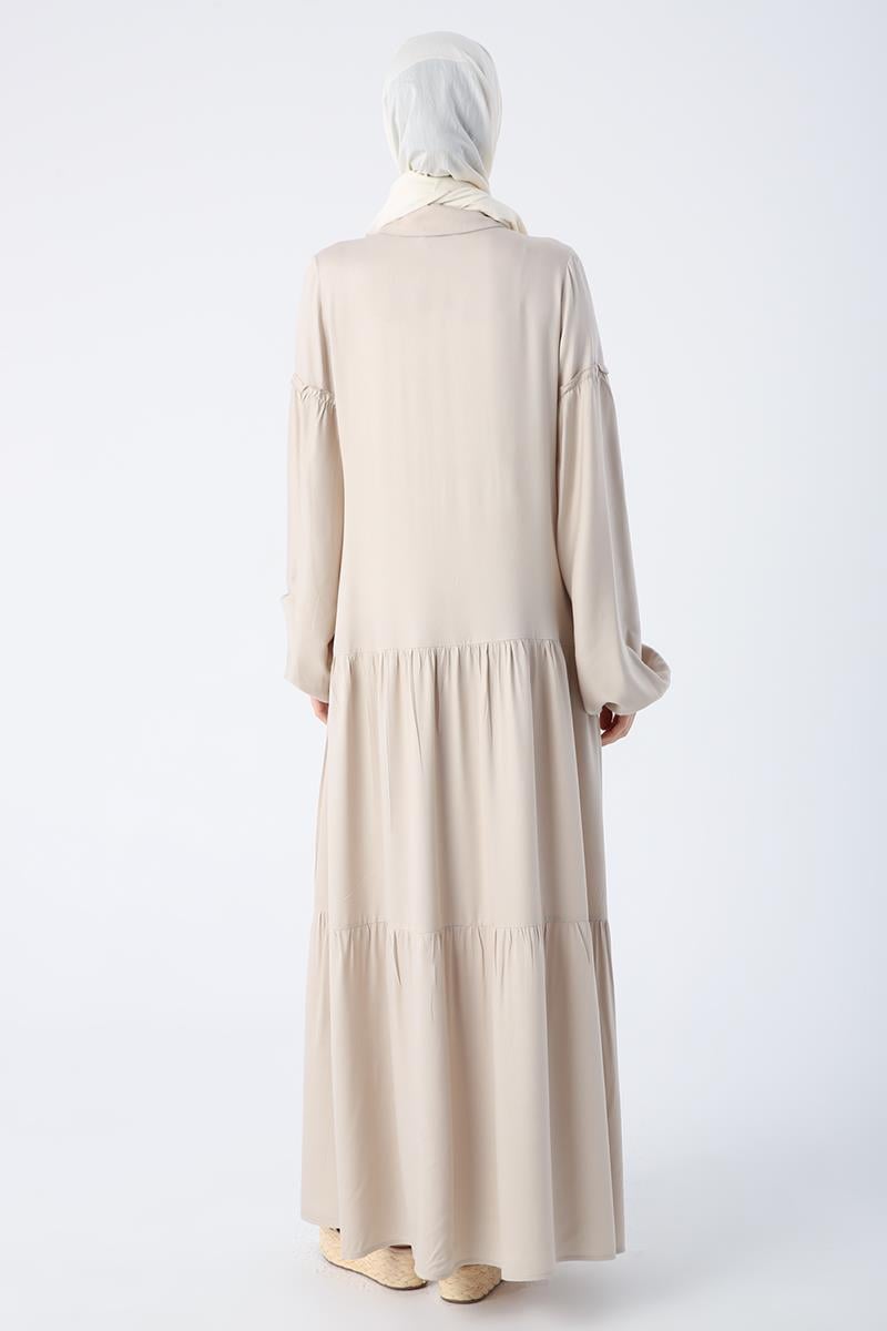Taş-%100 Viskon Eteği Ve Kolları Fırfırlı Gömlek Elbise