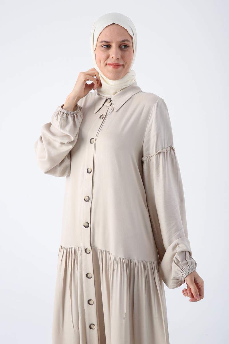 Taş-%100 Viskon Eteği Ve Kolları Fırfırlı Gömlek Elbise