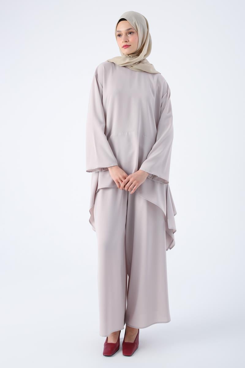 Taş-Asimetrik Kesim Tunikli Bol Paça Pantolonlu Salaş Takım