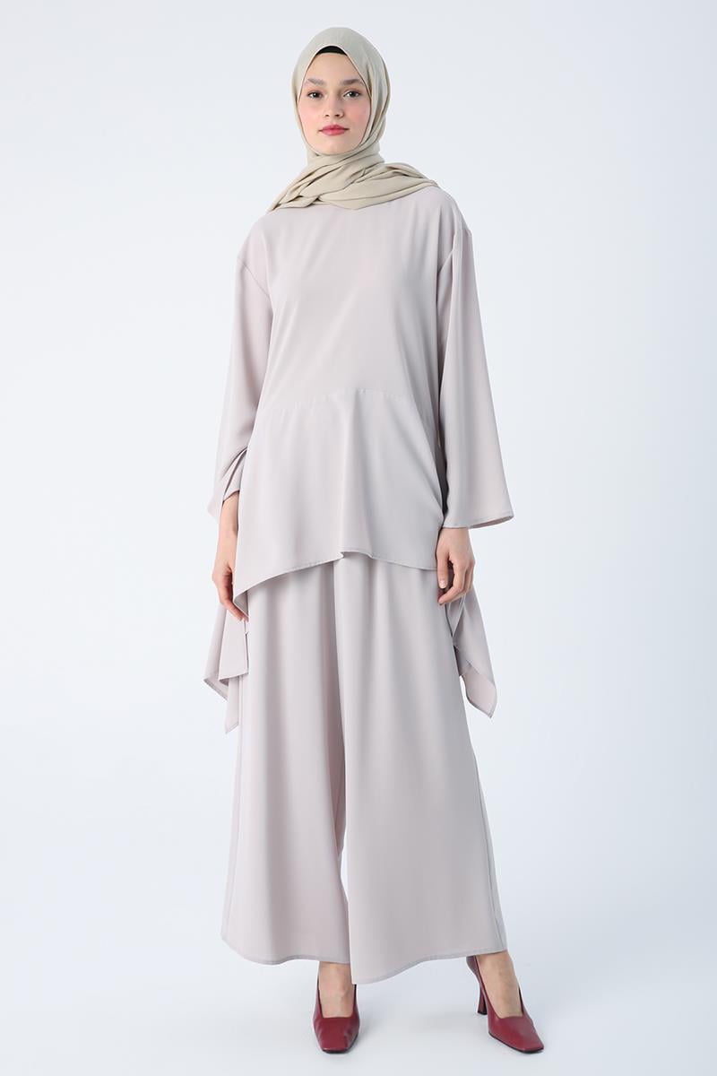 Taş-Asimetrik Kesim Tunikli Bol Paça Pantolonlu Salaş Takım