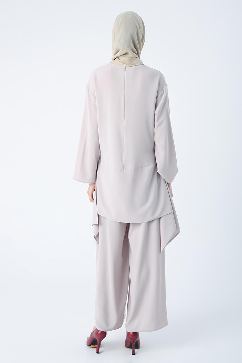 Taş-Asimetrik Kesim Tunikli Bol Paça Pantolonlu Salaş Takım