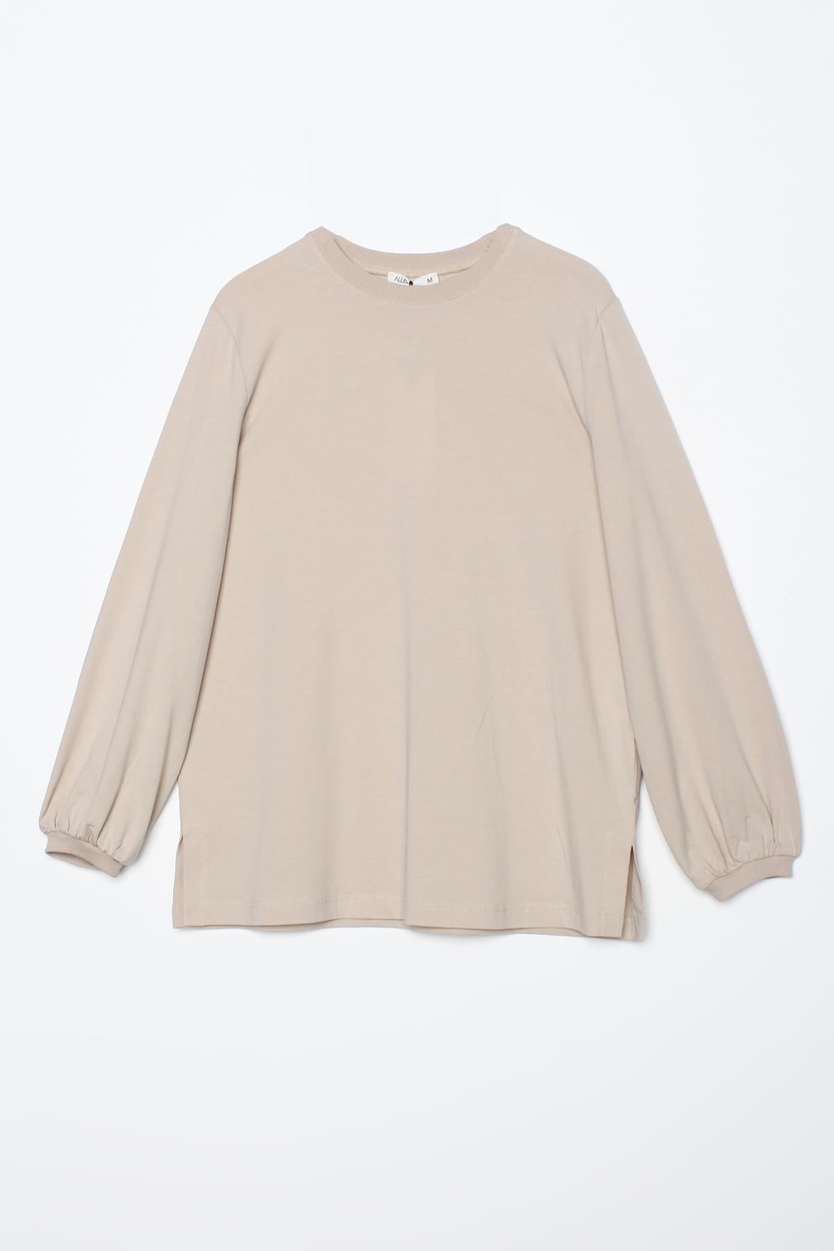 Stone-Crew Neck Gathered Cotton Blouse