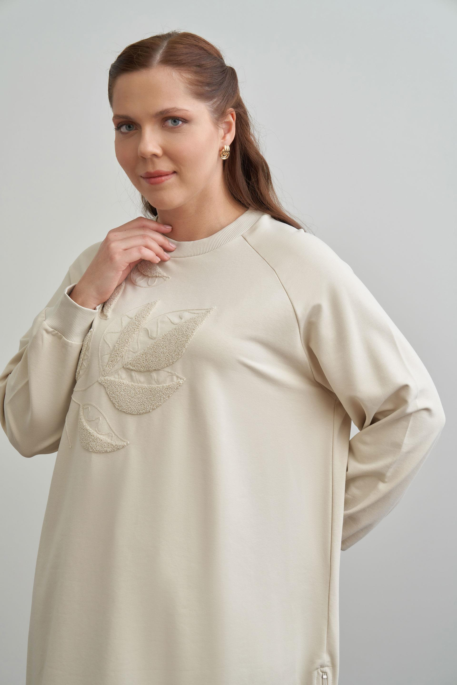 Taş-Büyük Beden Pamuklu Yaprak Desenli Tunik