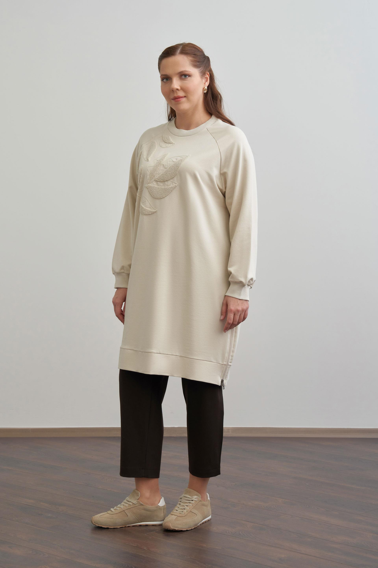 Taş-Büyük Beden Pamuklu Yaprak Desenli Tunik