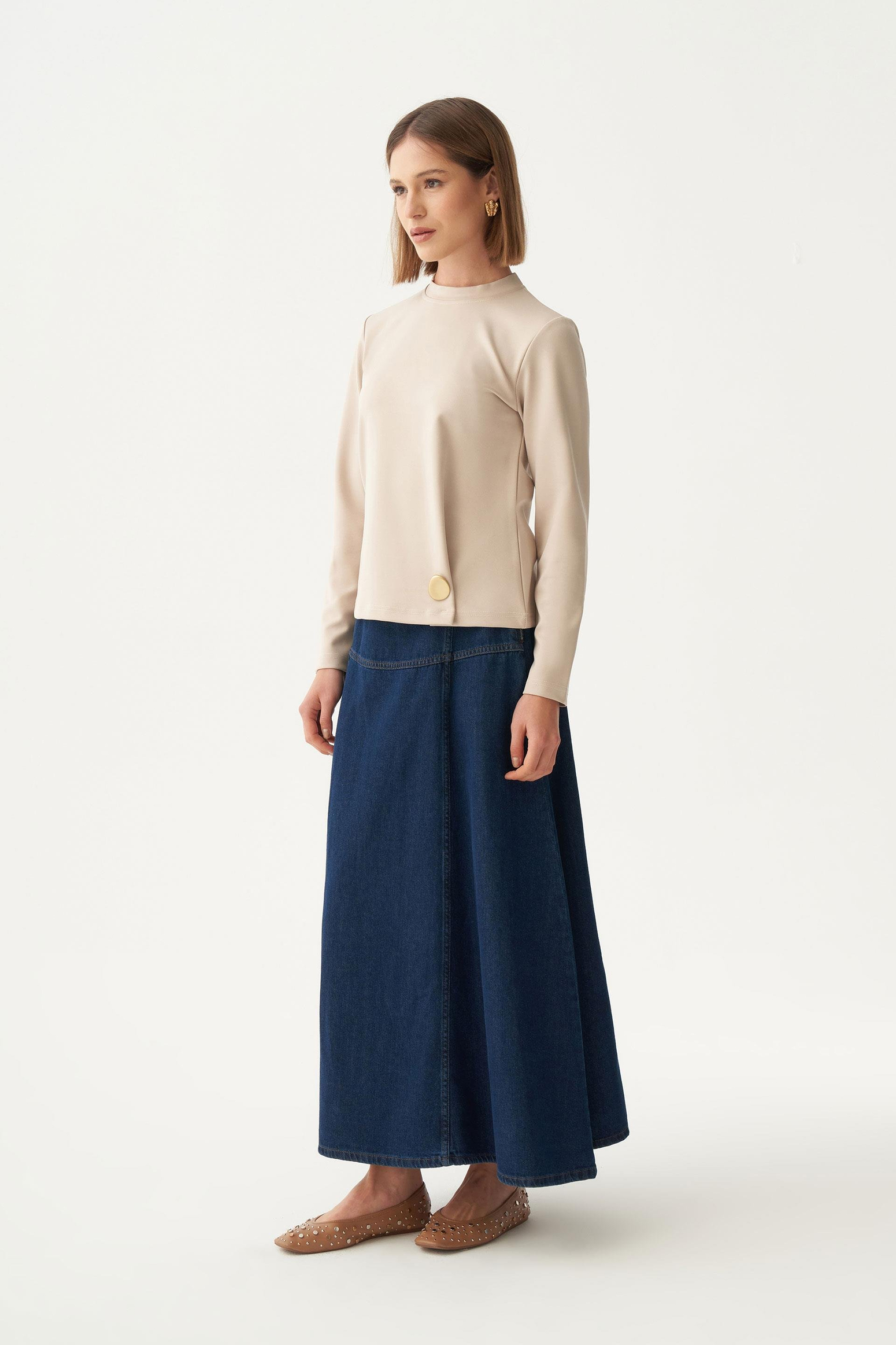 Taş-Gold Düğmeli Pileli Şık Bluz