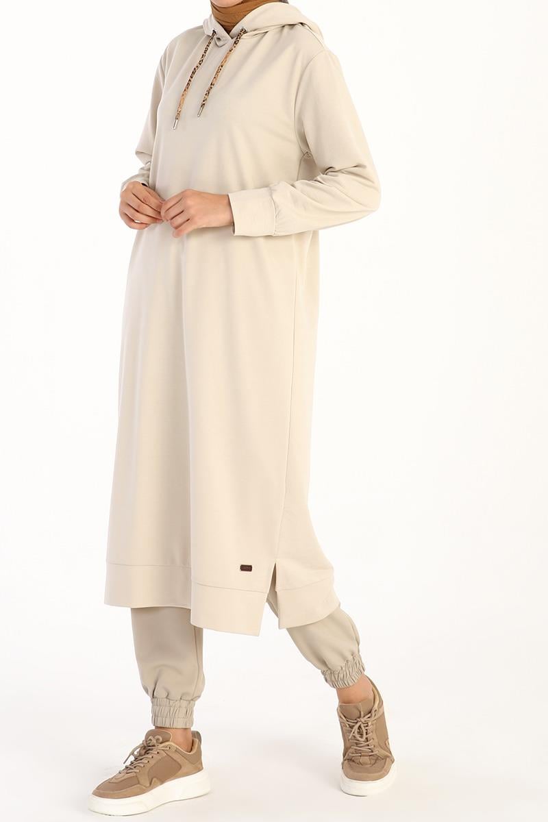 Taş-Leopar Bağcıklı Kapüşonlu Rahat Tunik