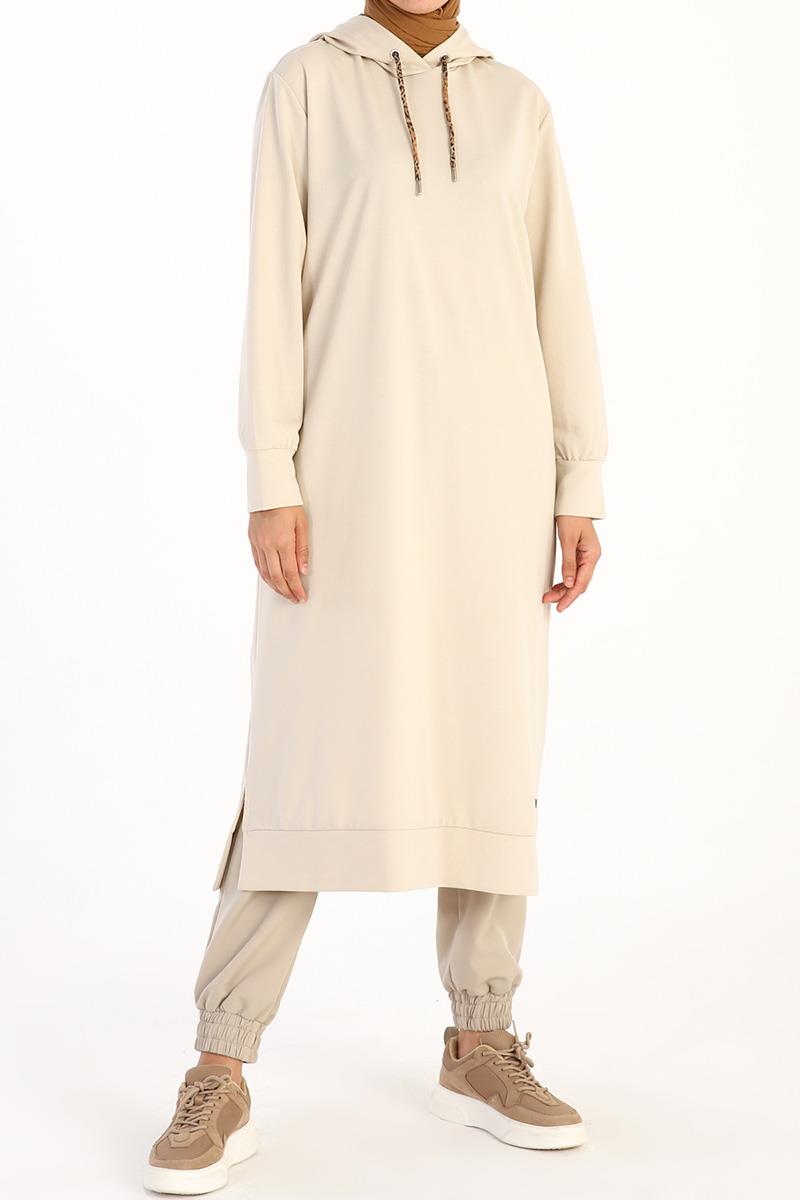 Taş-Leopar Bağcıklı Kapüşonlu Rahat Tunik