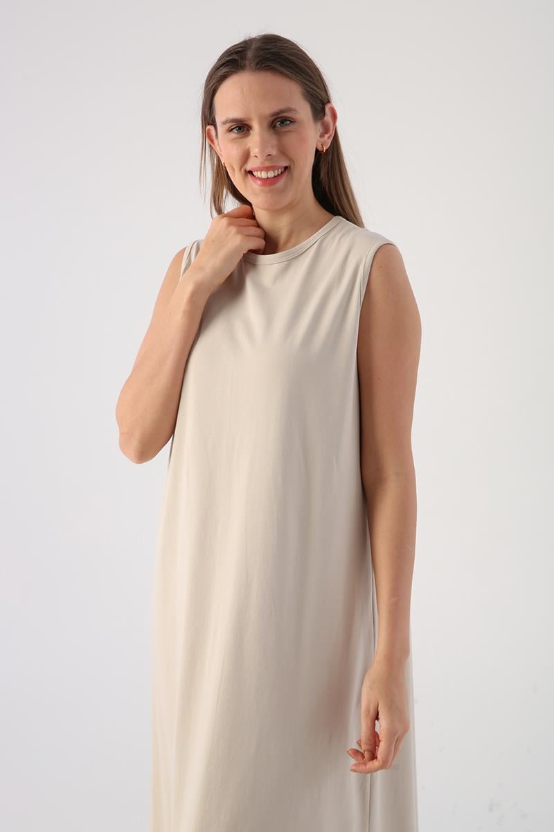 Taş-Pamuklu Bisiklet Yaka Kolsuz İçlik Elbise