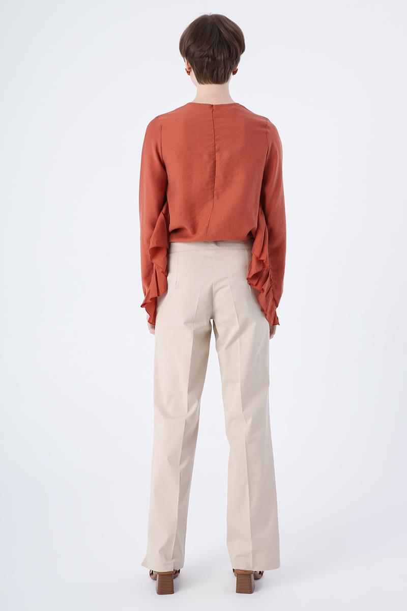 Taş-Pamuklu Ütü İzli Paçası Yırtmaçlı Likralı Bol Paça Pantolon