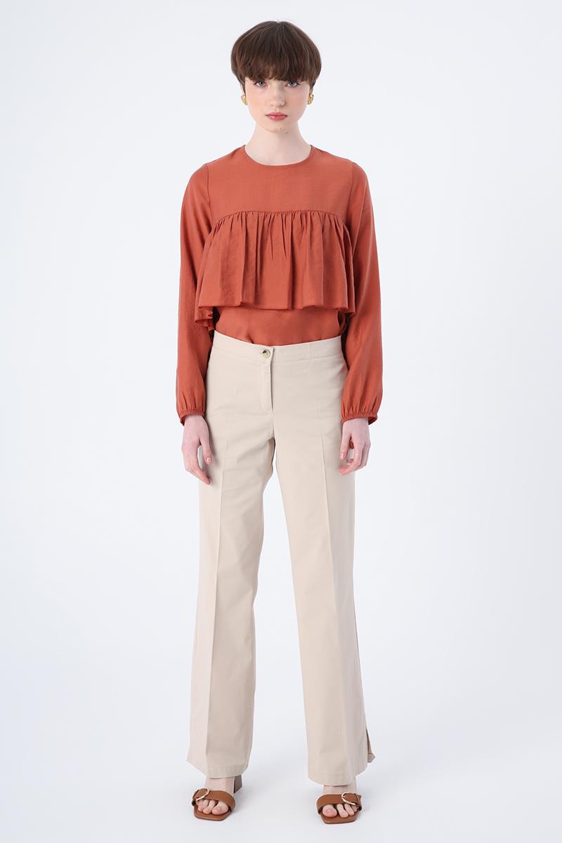 Taş-Pamuklu Ütü İzli Paçası Yırtmaçlı Likralı Bol Paça Pantolon