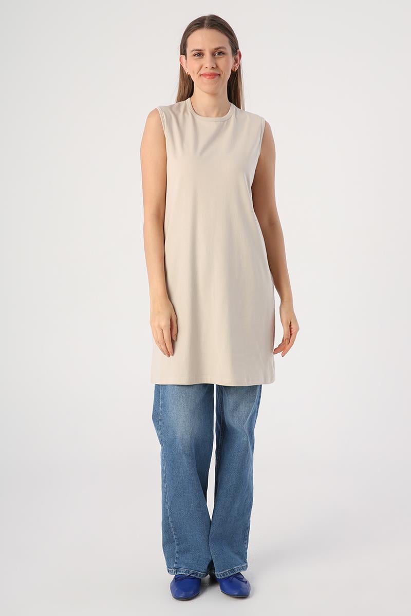 Stone-Cotton Collar Piping Sleeveless Tunic