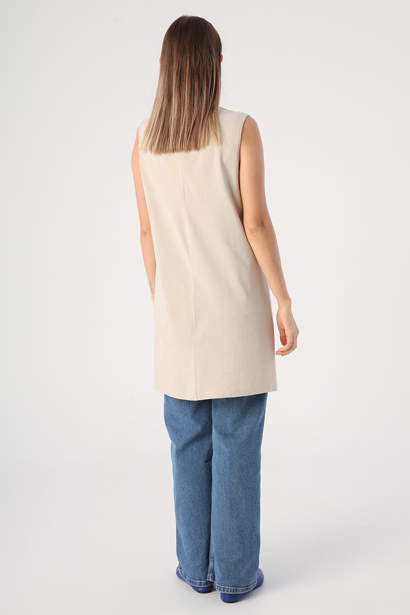Stone-Cotton Collar Piping Sleeveless Tunic