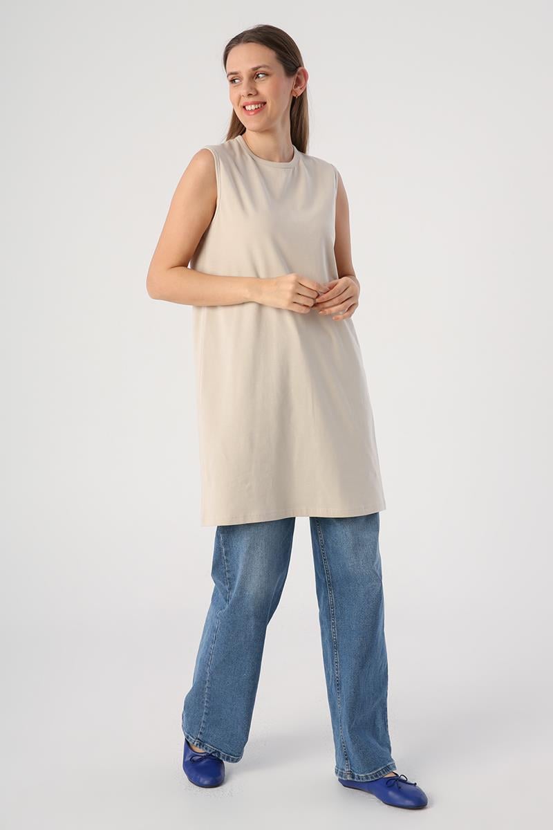Stone-Cotton Collar Piping Sleeveless Tunic