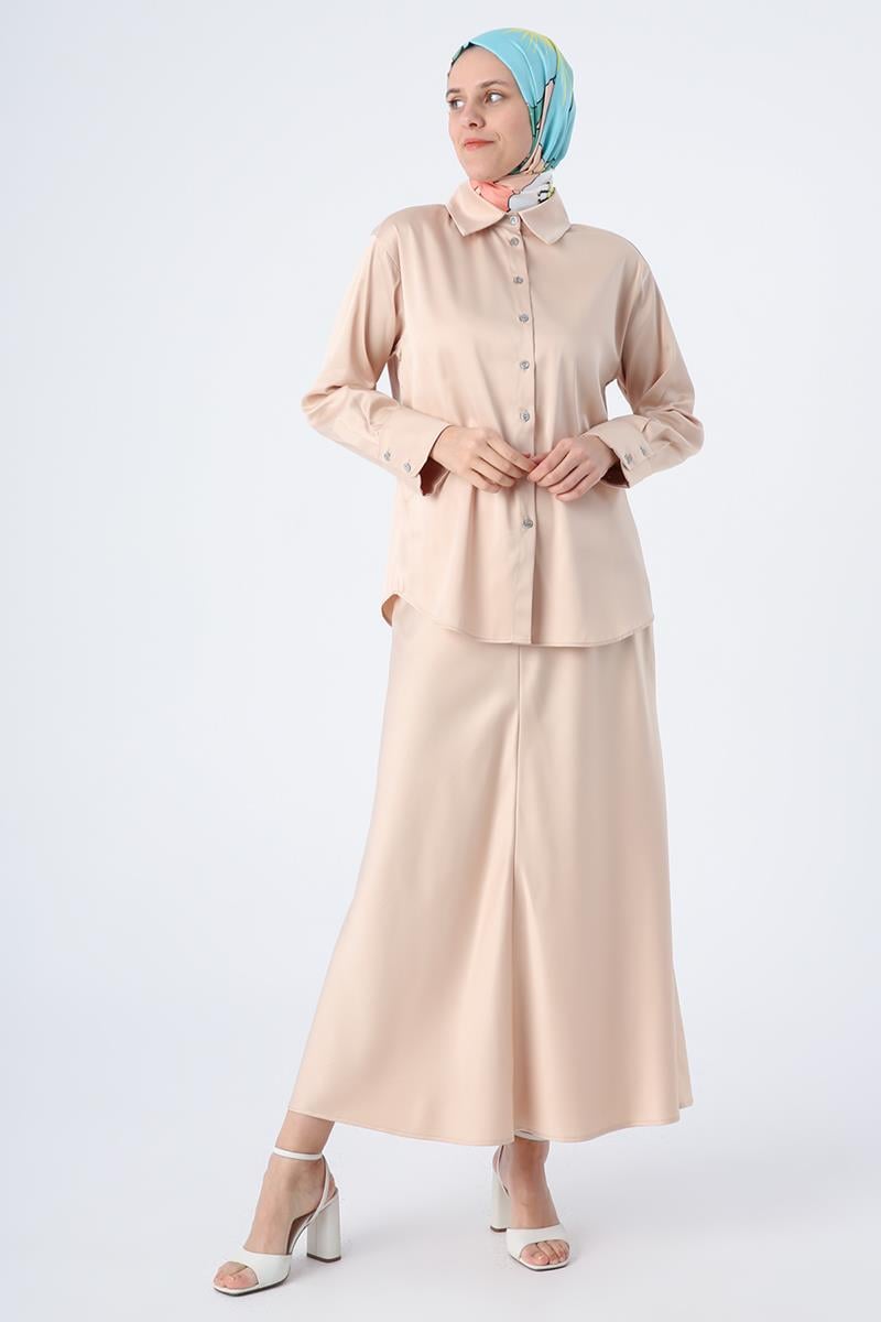 Stone-Long Sleeve Satin Shirt