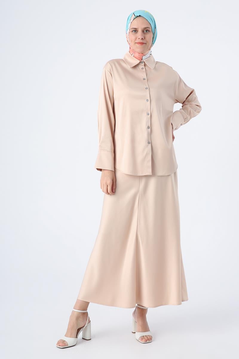 Stone-Long Sleeve Satin Shirt