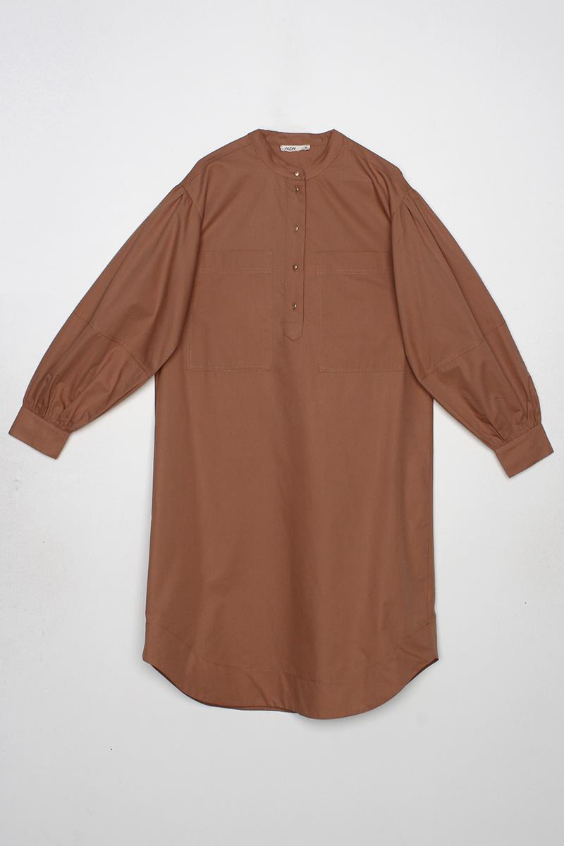Toprak-Oversize Büyük Cepli Eteği Oval Kesim Uzun Tunik