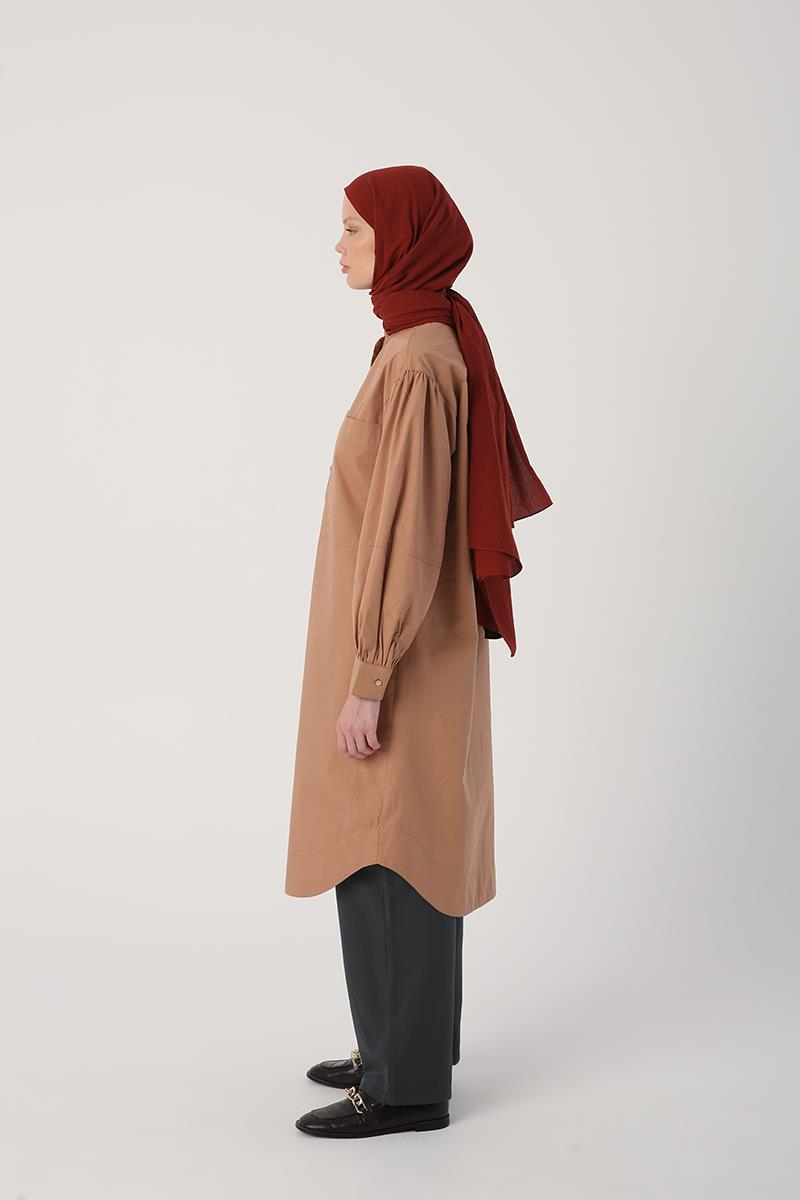 Toprak-Oversize Büyük Cepli Eteği Oval Kesim Uzun Tunik