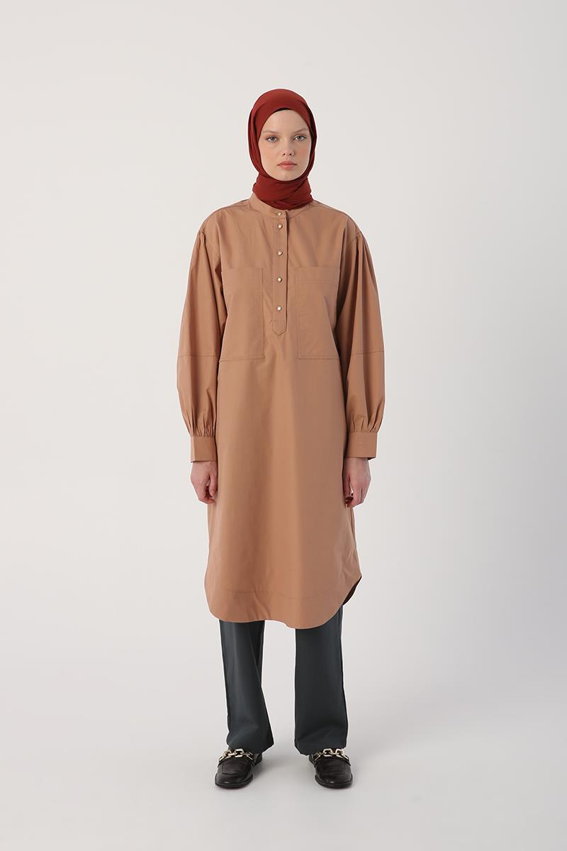 Toprak-Oversize Büyük Cepli Eteği Oval Kesim Uzun Tunik