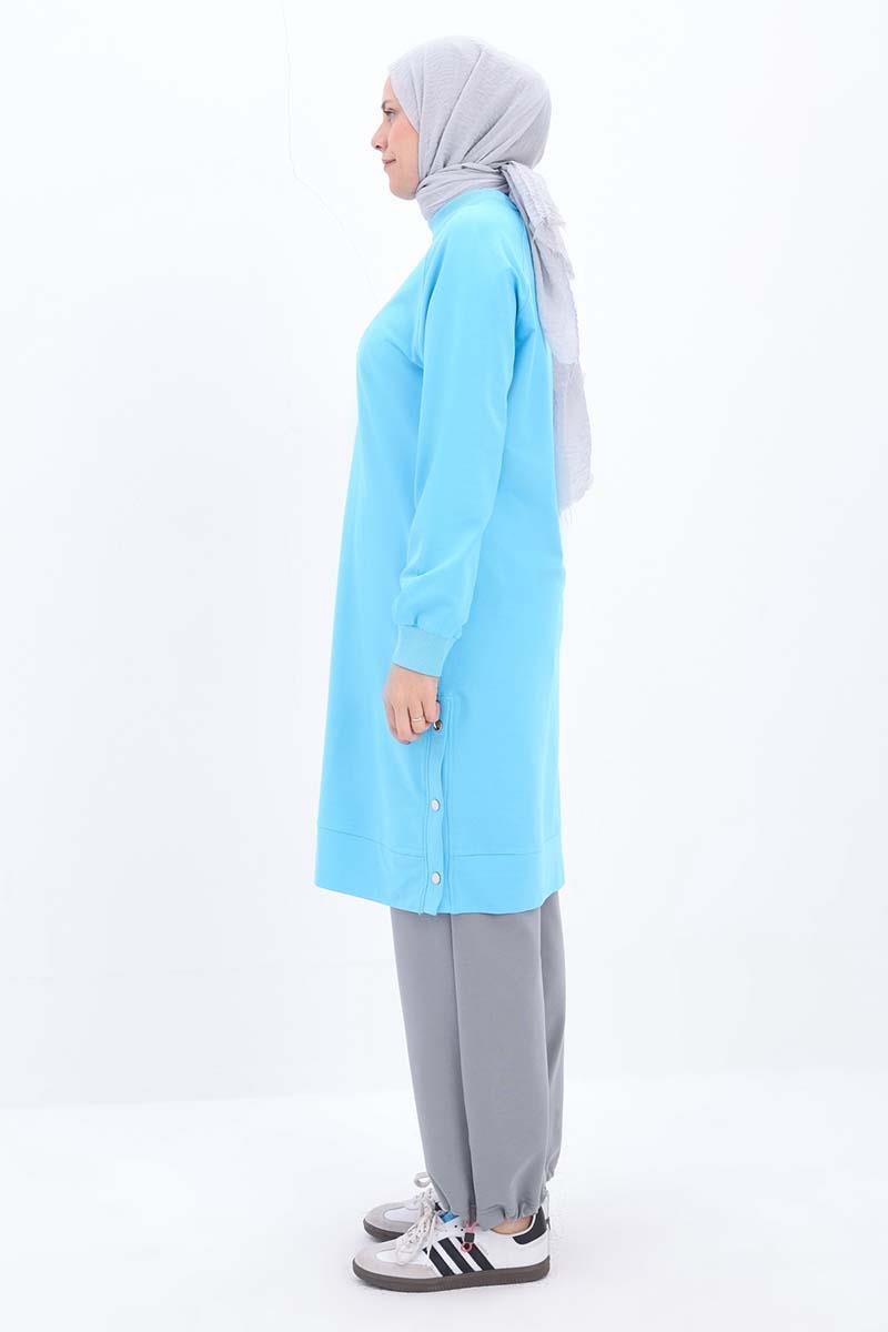 Turkuaz-Pamuklu Nakışlı Sweat Tunik
