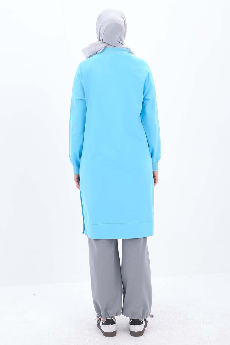 Turkuaz-Pamuklu Nakışlı Sweat Tunik