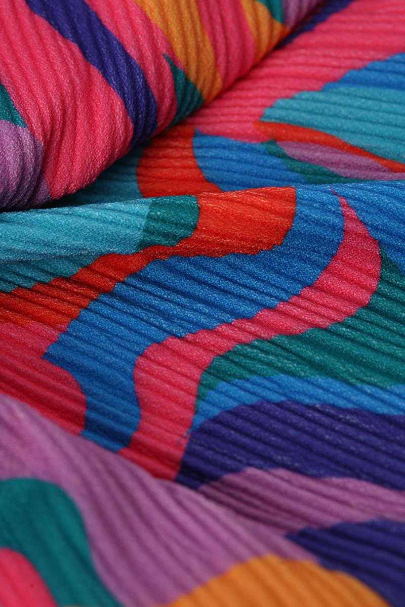 Turkuaz-Pembe-Robası Fırfırlı Emprime Desenli Tunik