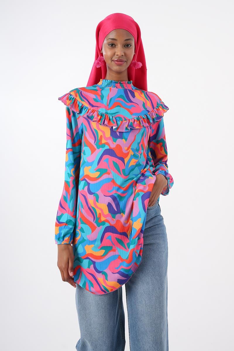 Turkuaz-Pembe-Robası Fırfırlı Emprime Desenli Tunik