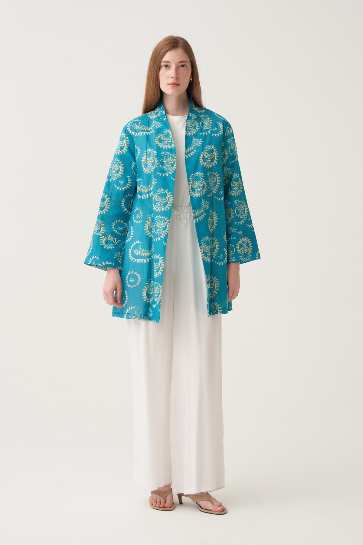 Turkuaz-Taş-Bağlama Detaylı Desenli Vual Kimono