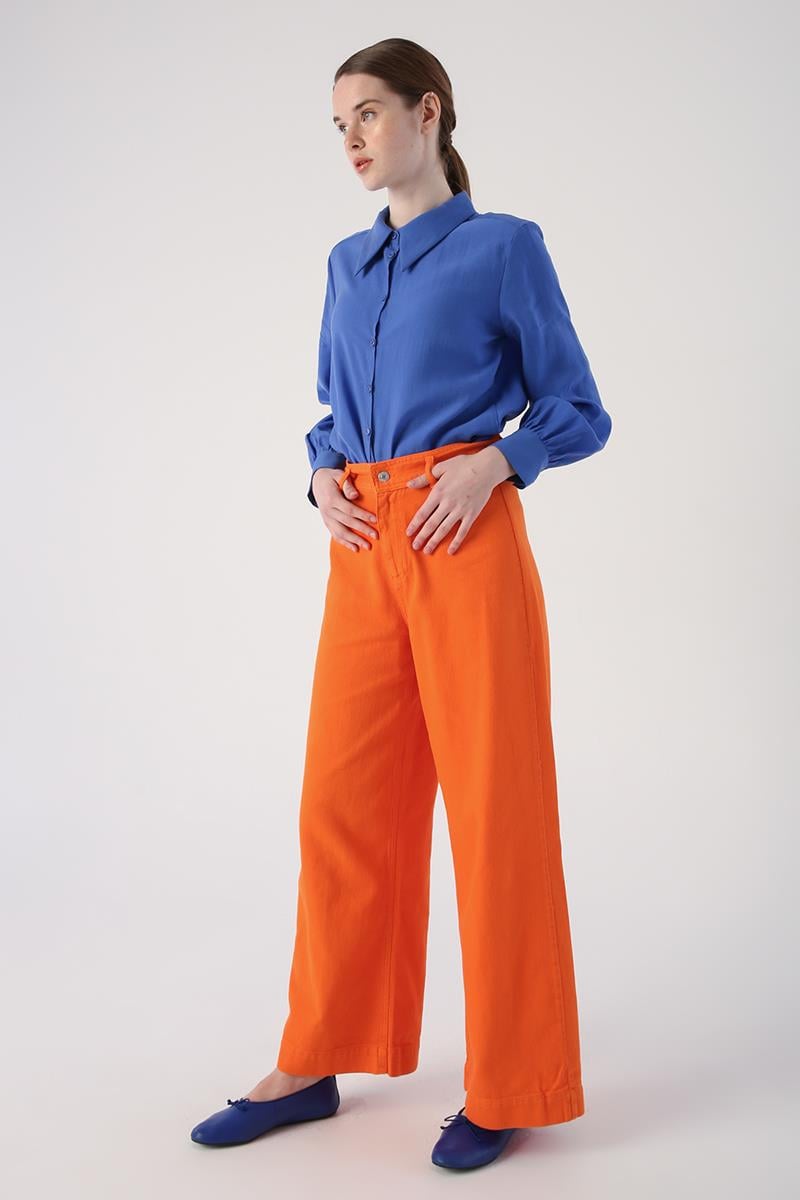 Orange-100% Cotton High Waist Wide Leg Trousers