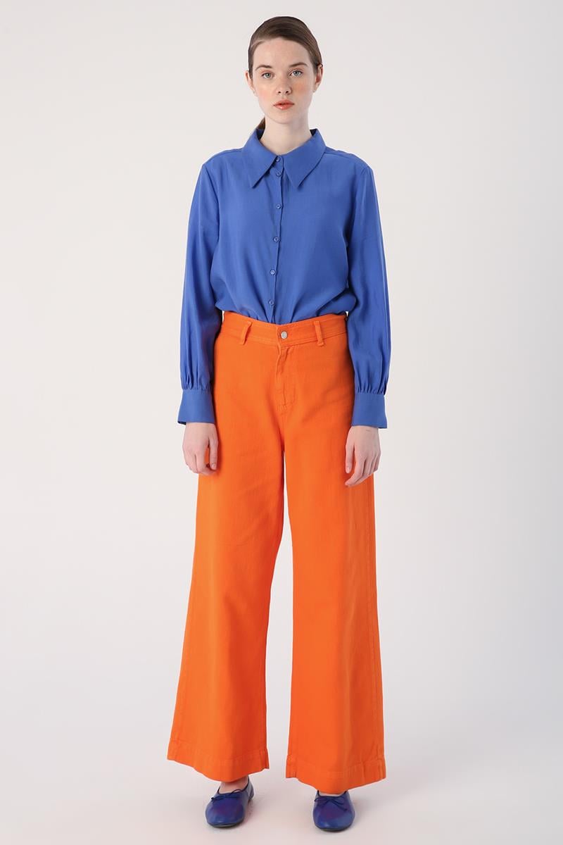 Orange-100% Cotton High Waist Wide Leg Trousers