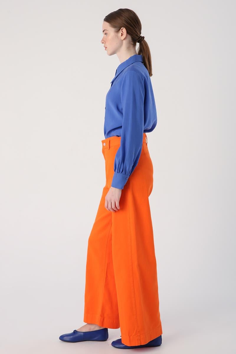 Orange-100% Cotton High Waist Wide Leg Trousers
