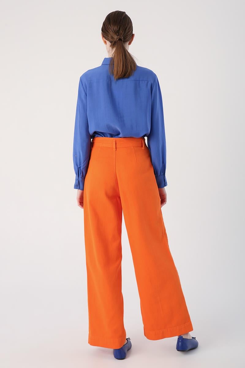 Orange-100% Cotton High Waist Wide Leg Trousers