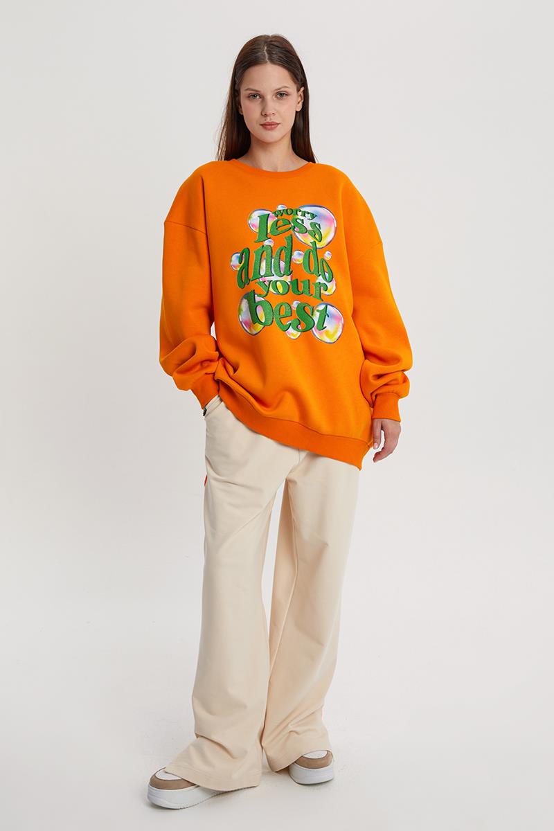 Turuncu-Baloncuk Baskılı Oversize Sweatshirt
