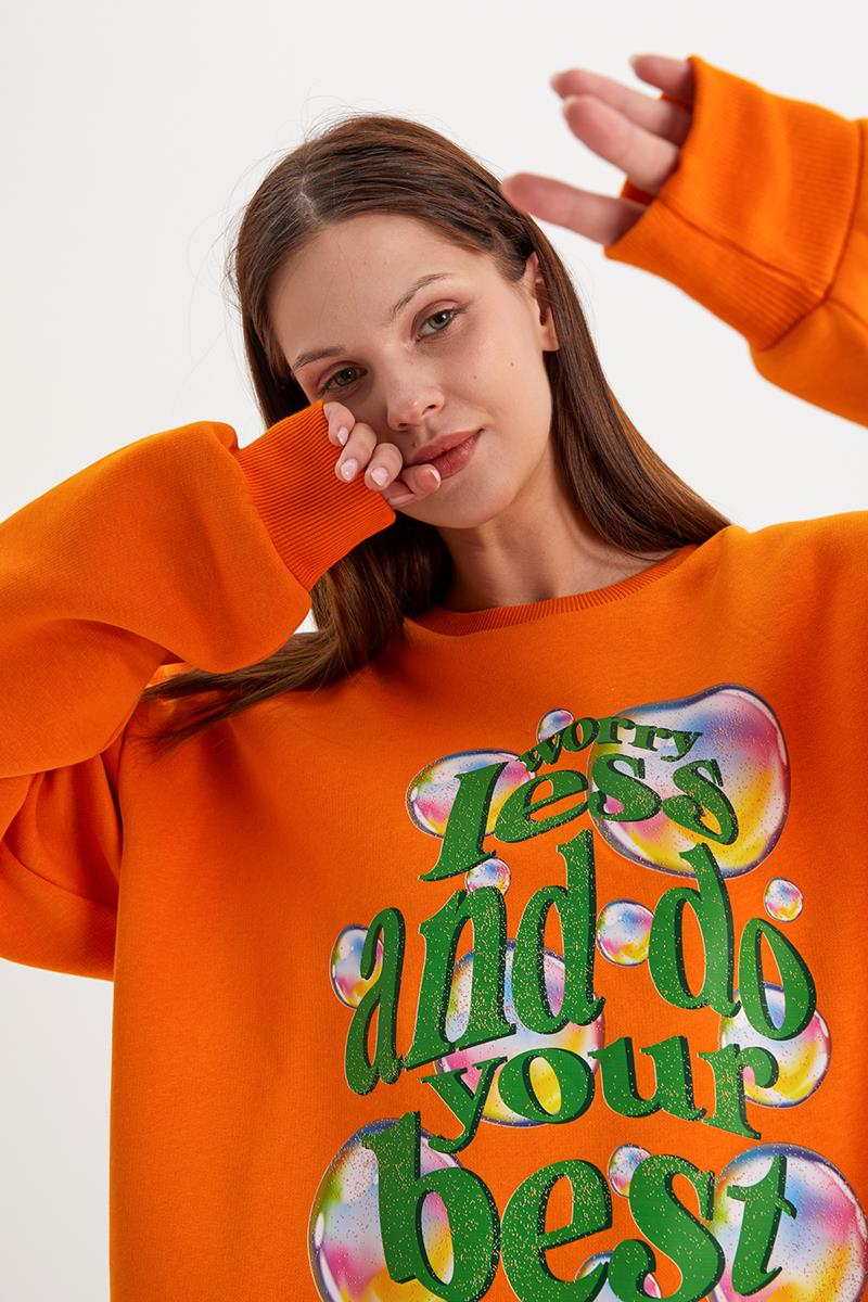 Turuncu-Baloncuk Baskılı Oversize Sweatshirt