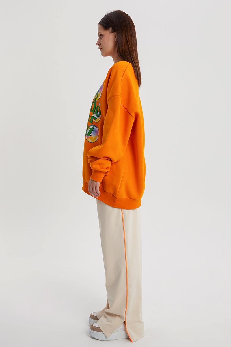Turuncu-Baloncuk Baskılı Oversize Sweatshirt