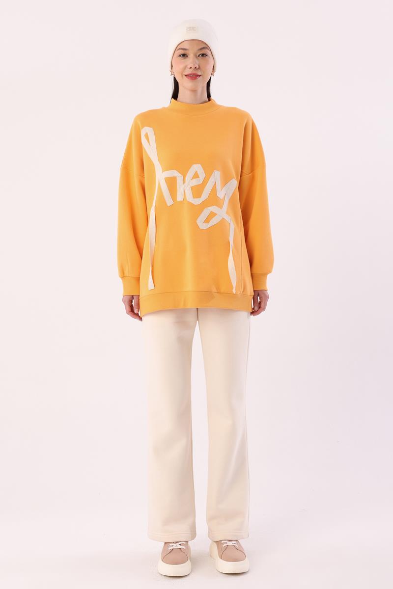 Turuncu-Oversize Şardonlu Şerit Detaylı Sweatshirt