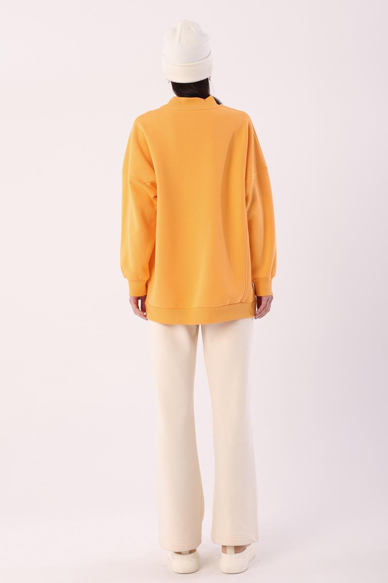 Turuncu-Oversize Şardonlu Şerit Detaylı Sweatshirt