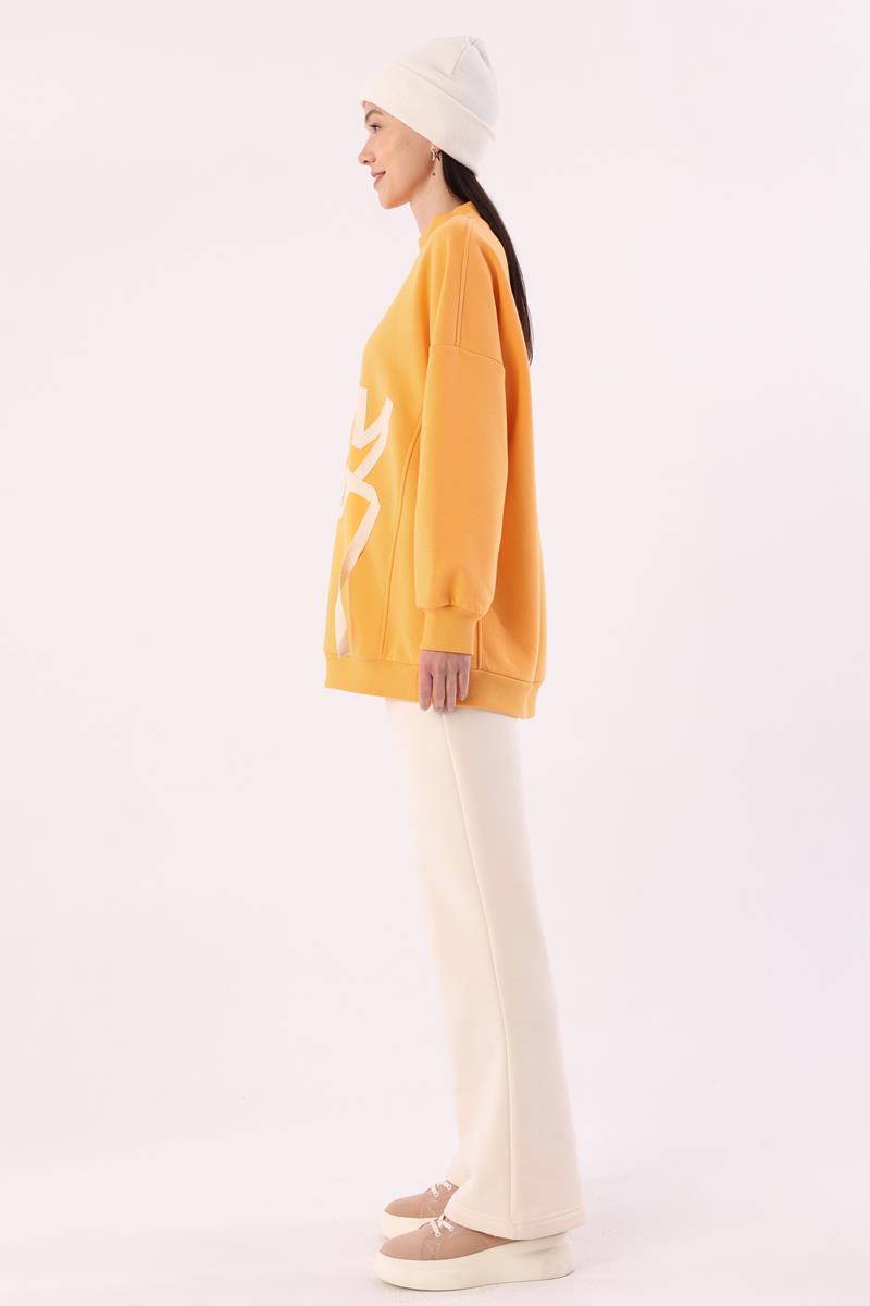 Turuncu-Oversize Şardonlu Şerit Detaylı Sweatshirt