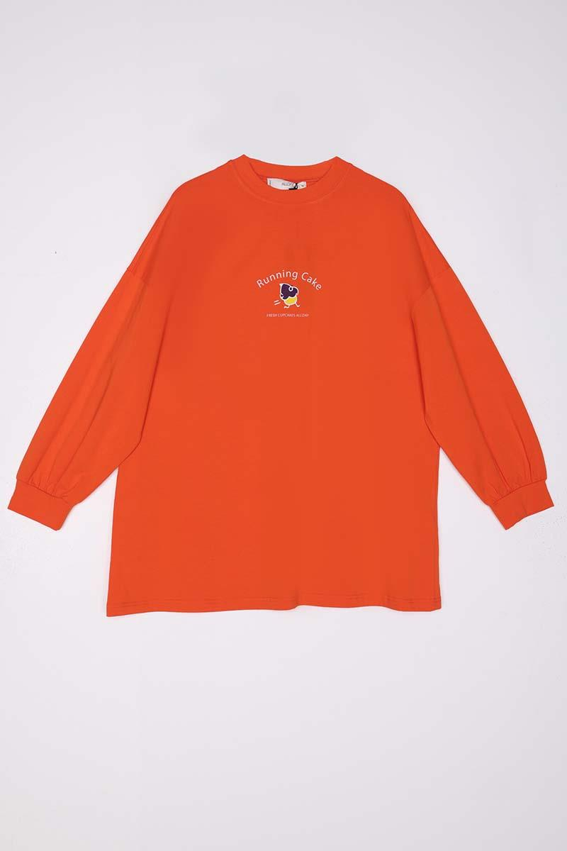 Turuncu-Pamuklu Baskılı Sweat Tunik
