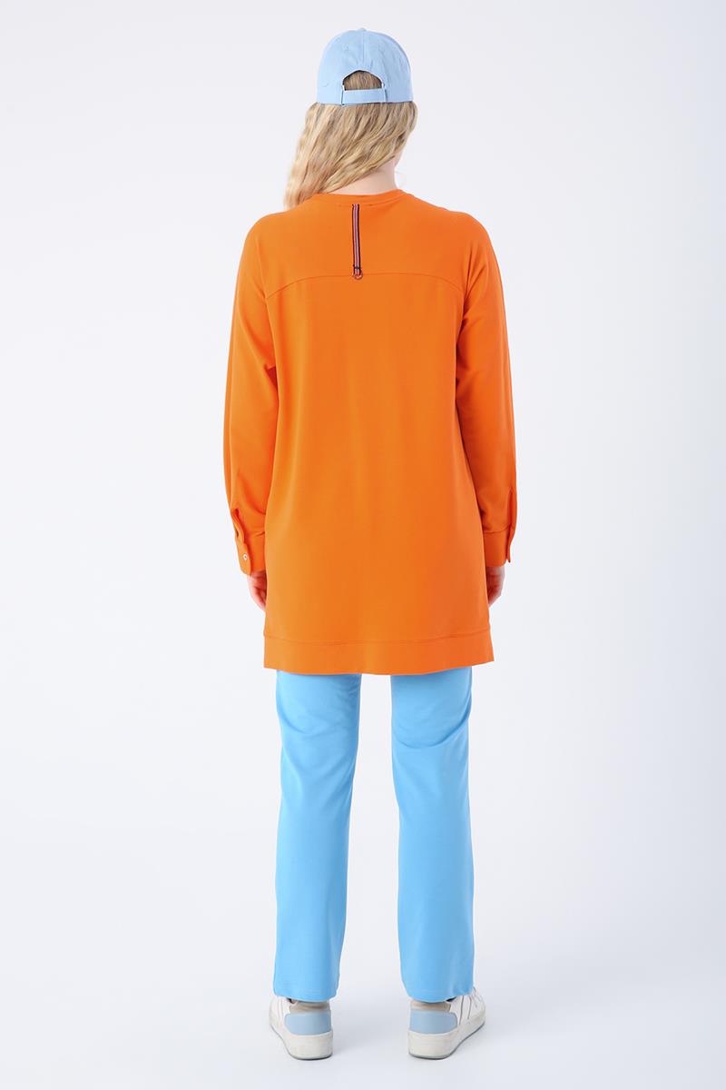 Turuncu-Pamuklu Reglan Kol Manşetli Yanları Yırtmaçlı Sweat Tunik