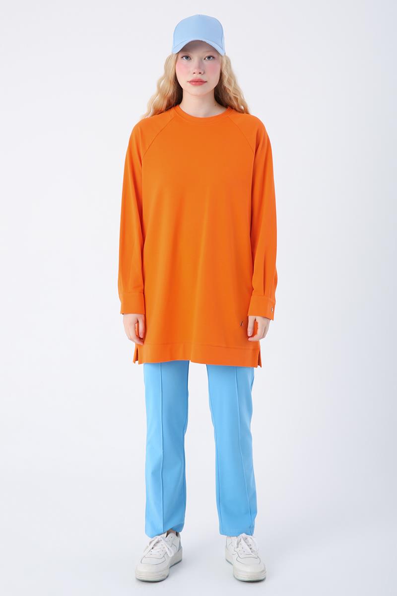Turuncu-Pamuklu Reglan Kol Manşetli Yanları Yırtmaçlı Sweat Tunik