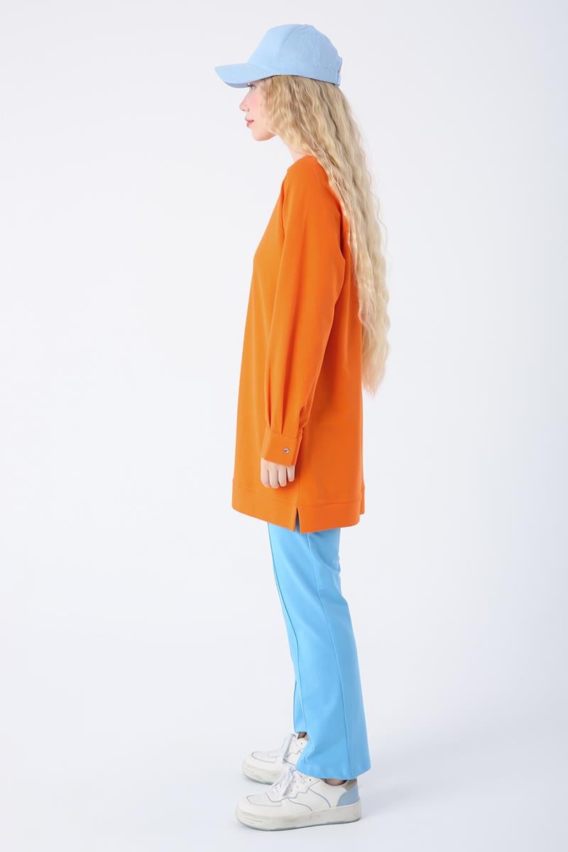 Turuncu-Pamuklu Reglan Kol Manşetli Yanları Yırtmaçlı Sweat Tunik