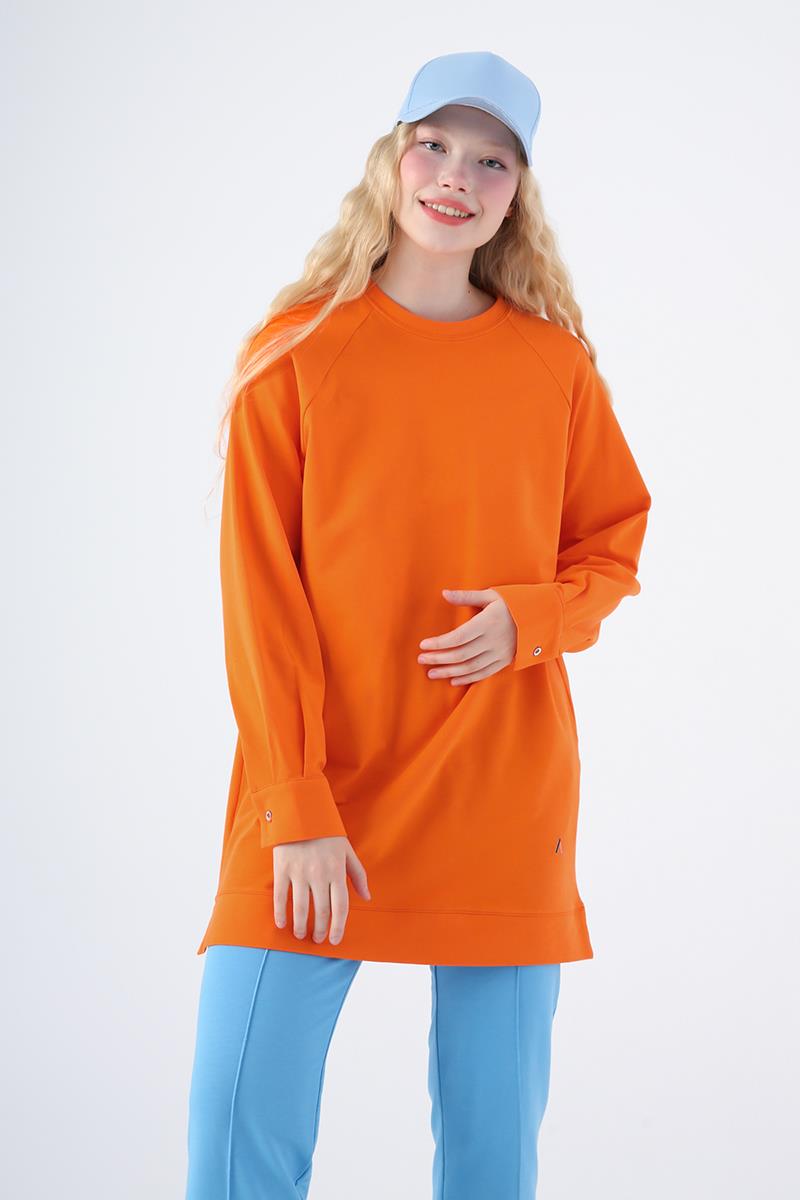 Turuncu-Pamuklu Reglan Kol Manşetli Yanları Yırtmaçlı Sweat Tunik
