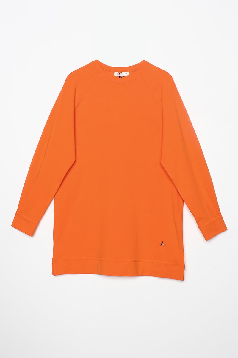 Turuncu-Pamuklu Reglan Kol Manşetli Yanları Yırtmaçlı Sweat Tunik