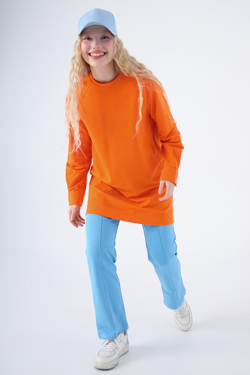 Turuncu-Pamuklu Reglan Kol Manşetli Yanları Yırtmaçlı Sweat Tunik