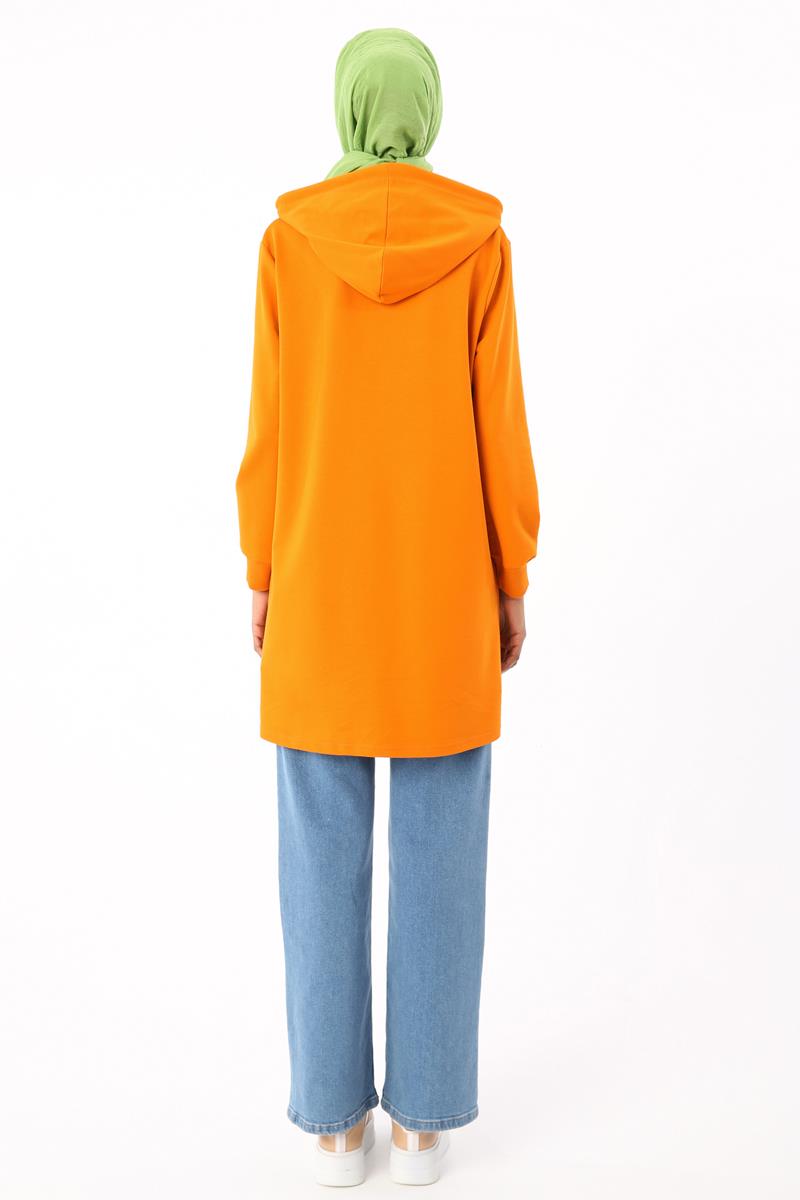 Turuncu-Pamuklu Renkli Bağcıklı Relax Kalıp Sweat Tunik