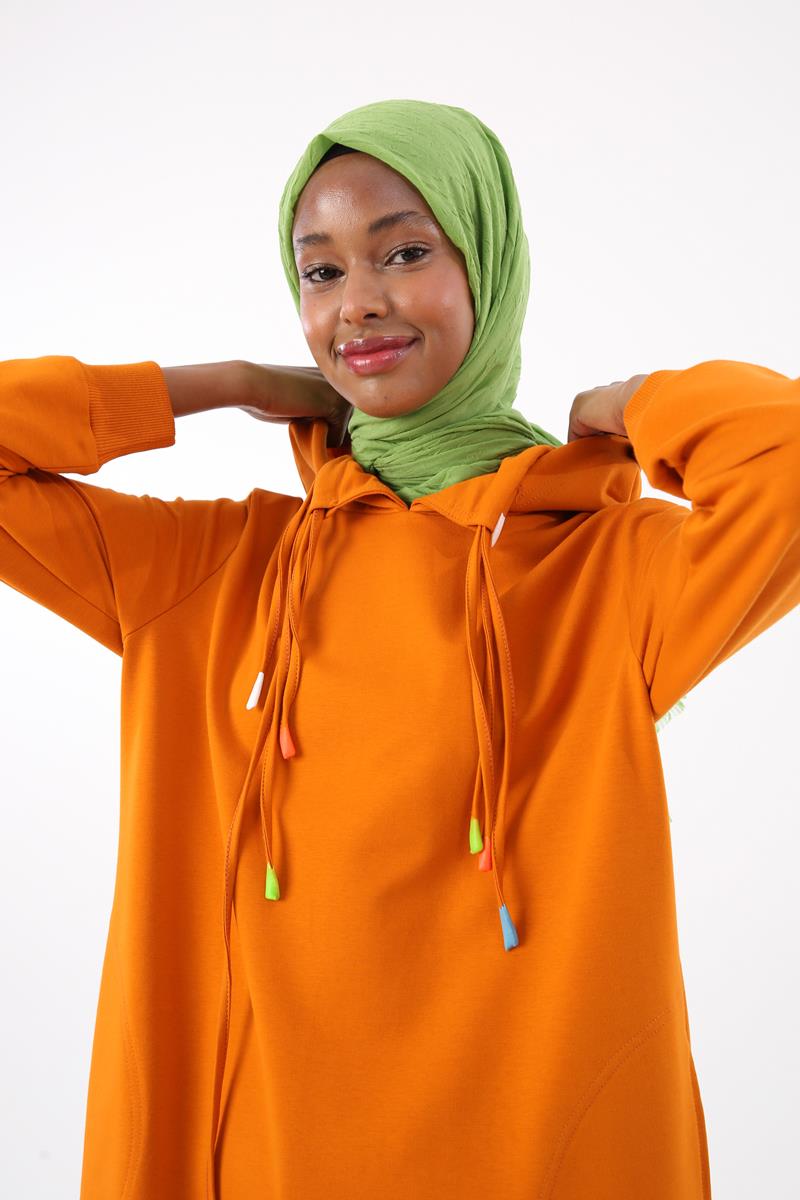 Turuncu-Pamuklu Renkli Bağcıklı Relax Kalıp Sweat Tunik