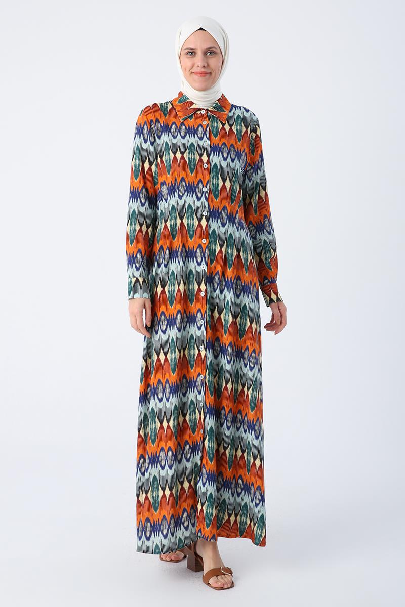 Orange-Sax-Dress Patterned Viscose Shirt Dress