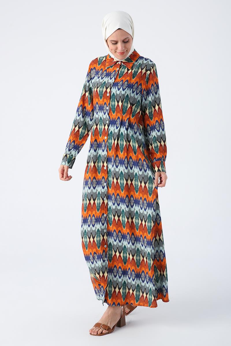 Orange-Sax-Dress Patterned Viscose Shirt Dress
